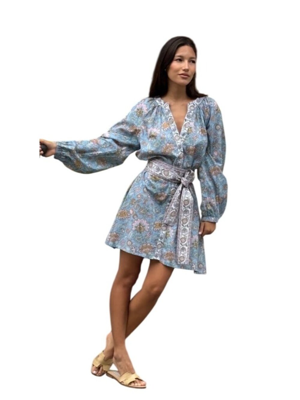 Bindu Clothing Blue Floral Grace Tunic Dress With Two Belts/Sash Long Sleeves 10